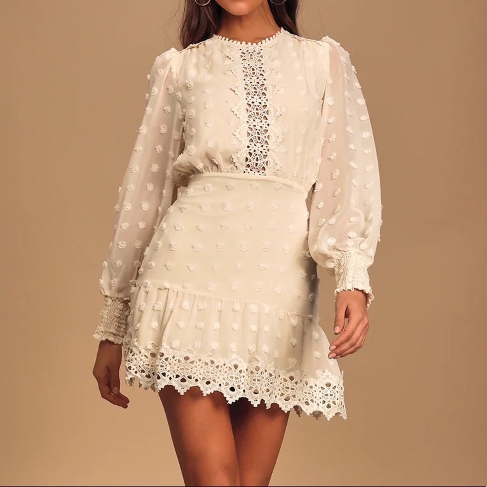 Lulus Lust or Love Cream Embroidered Lace Long Sleeve Dress